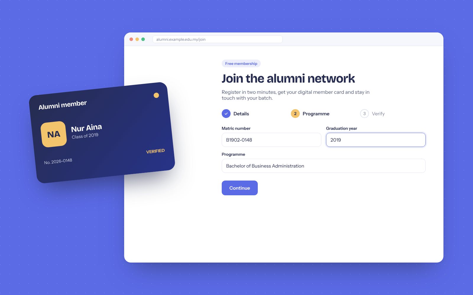 Alumni membership portal sign-up form and digital member card