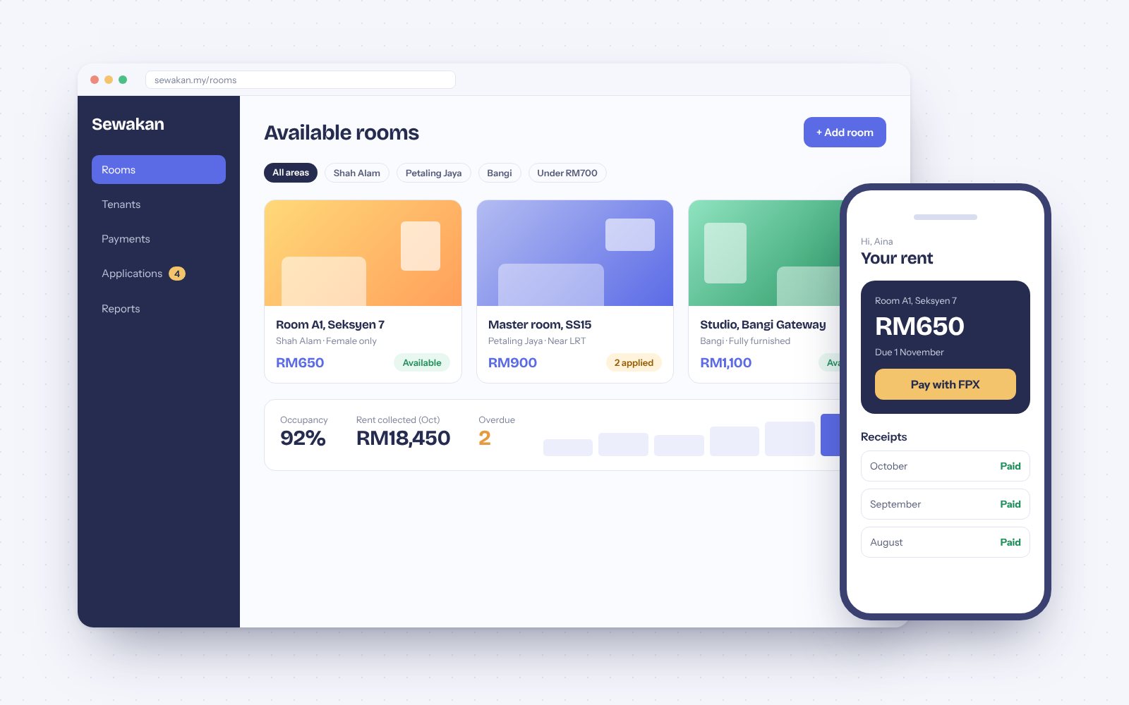 Sewakan rental management system dashboard and tenant app